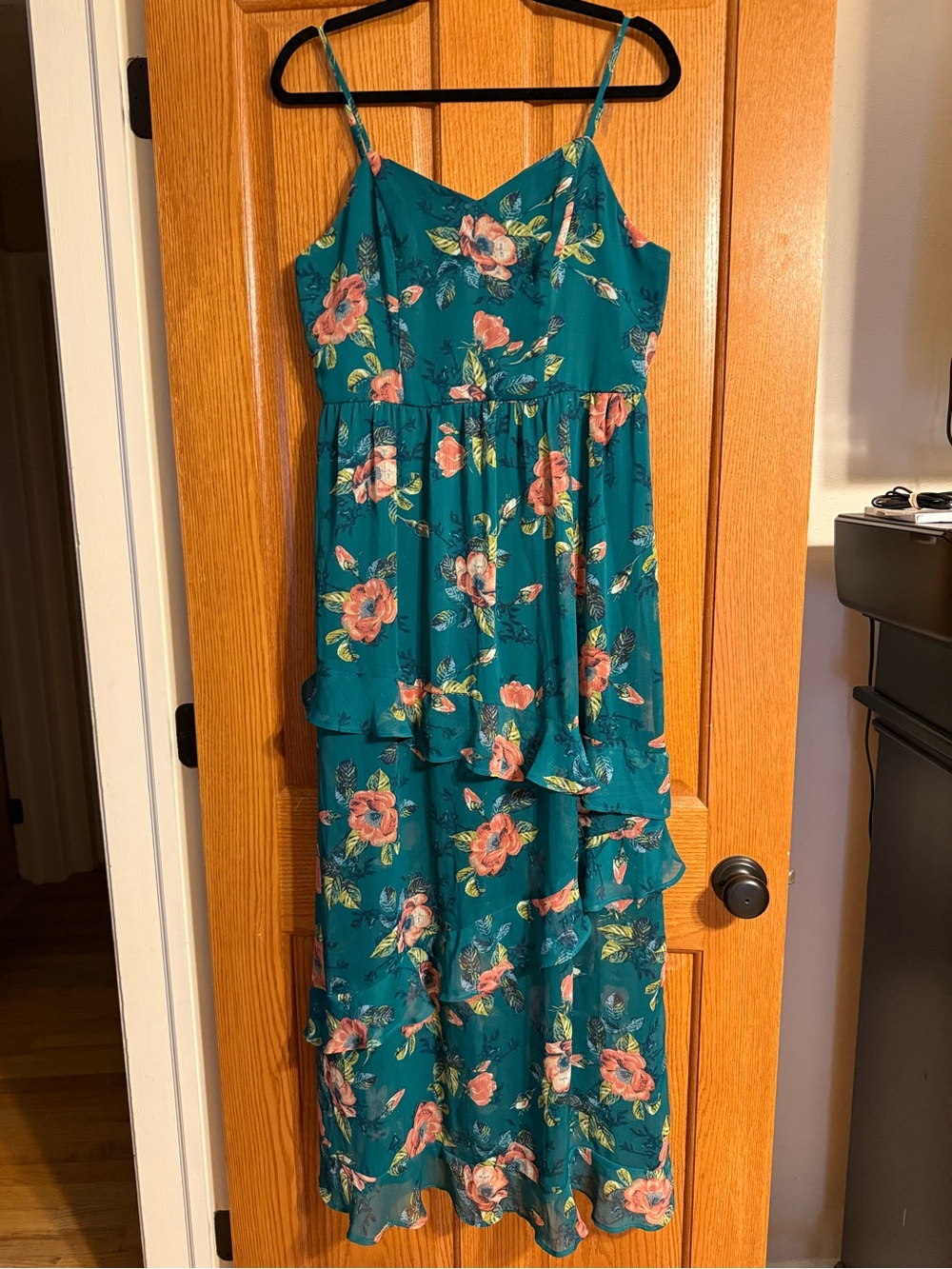 Floral Tiered Green Floral Maxi Dress - Sleeveless Spaghetti Strap
